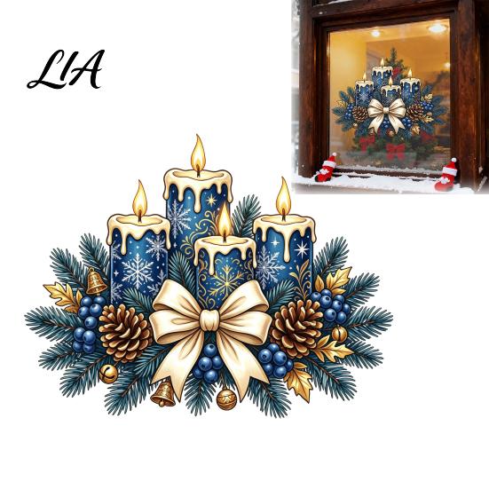 Holiday Glass Decorations Christmas Candle Static Stickers, Removable Window Cling with Bow Pinecone And Pine Decals Branch Pattern, Reusable