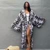 2022 Fashion Geometric Printed Swimwear Cover Up Cotton Long Sleeve Belted Kimono Dress Casual Women Beachw Q1340ear Swimwear Cover Up