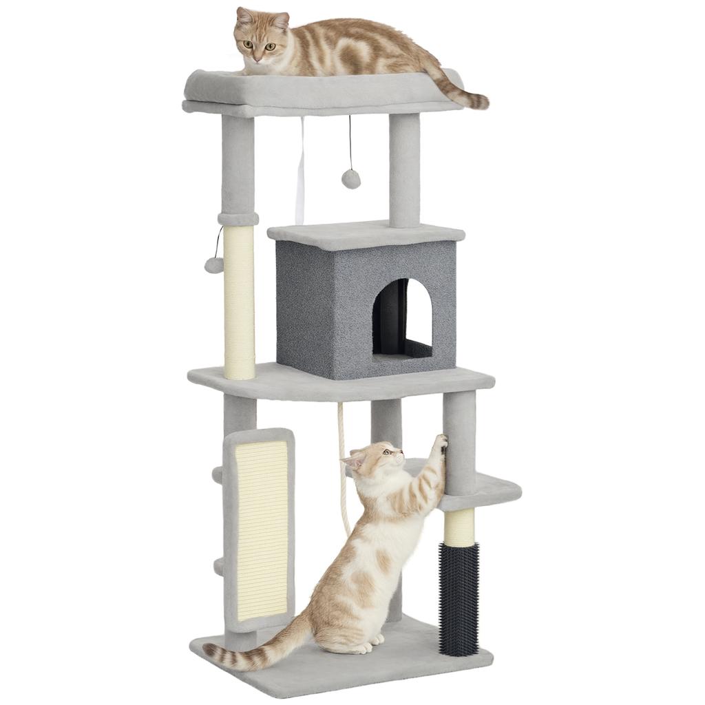 132cm Cat Tree w/ Scratching Posts, Pad, Cat Bed, Cat House, Jumping Platform, Grooming Brush, Anti-Tip Kit, Light Grey