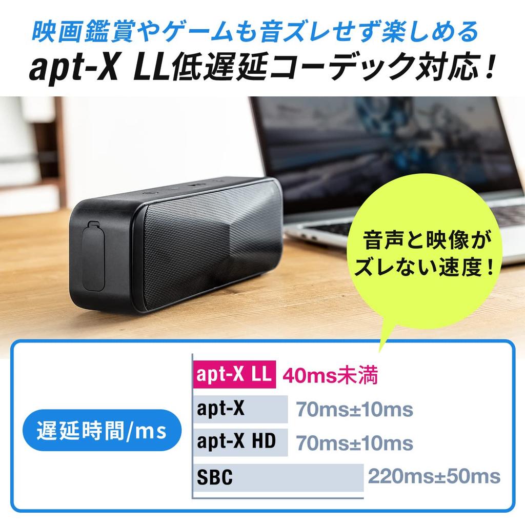 SANWA DIRECT Bluetooth Speaker Waterproof Bath Compact Low Latency LL Compatible 24 Hours Continuous Playback Microphone Passive Radiator apt-X