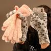 Leopard Print Plush Fingerless Touch Screen Knitted Gloves for Women Versatile Thickened Outdoor Cycling Autumn and Winter Warm and Cold Protection