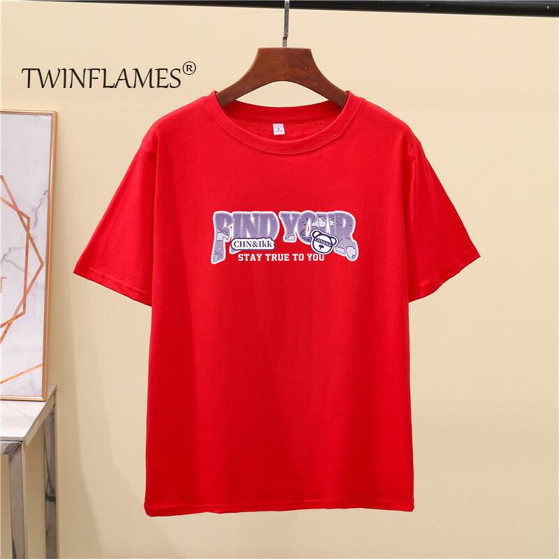 Letter Printed T Shirt Women Summer Chic Tees Cotton Elegant Clothes Loose Casual Pullover Tops