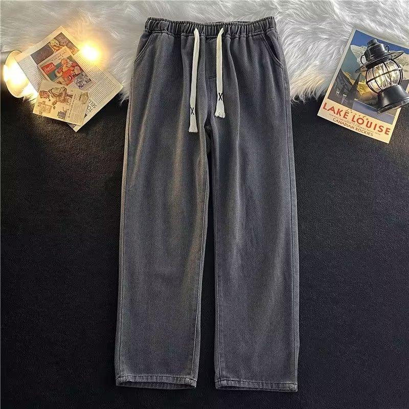 Spring And Autumn Harajuku Hong Kong Style Simple Loose Trend Ins Versatile Casual Drawstring Straight Long Pants Jeans For Men