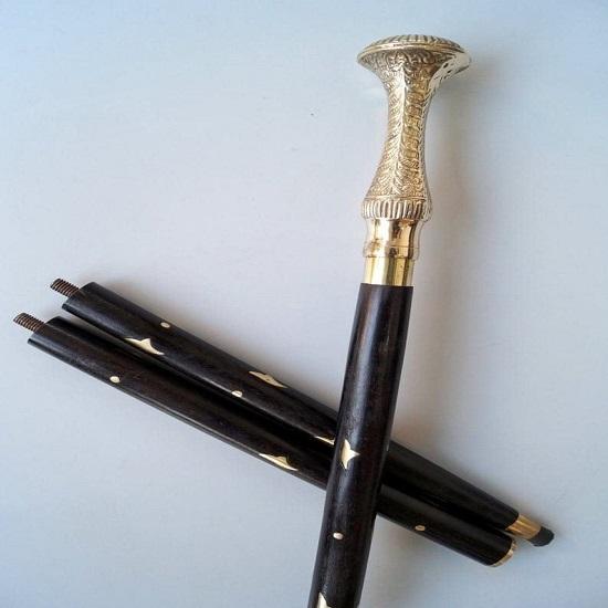 Золотая антикварная длинная ручка с ручкой, винтажная трость из тростника, латунь, древесина