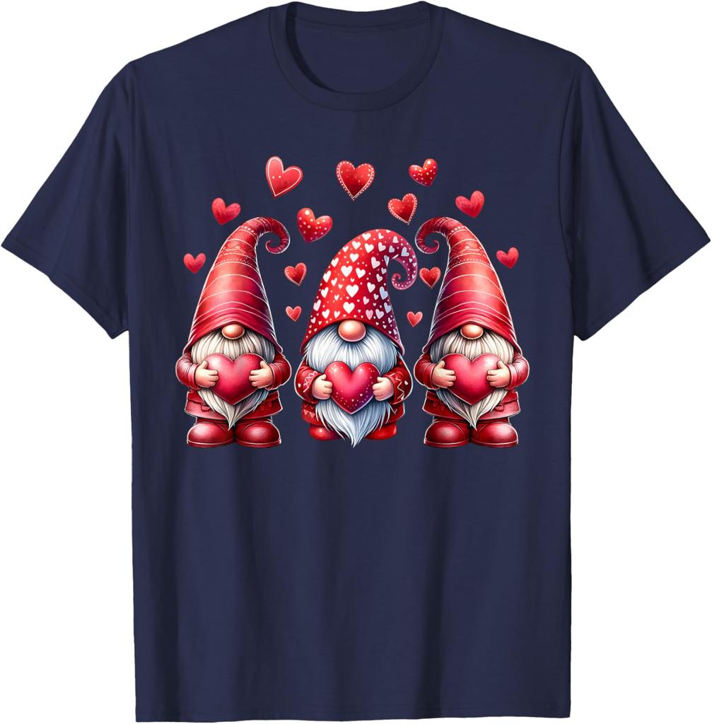 Pink Valentine Gnomes with Hearts Graphic Print Cotton T-Shirt Casual Daily Tee for Women Men