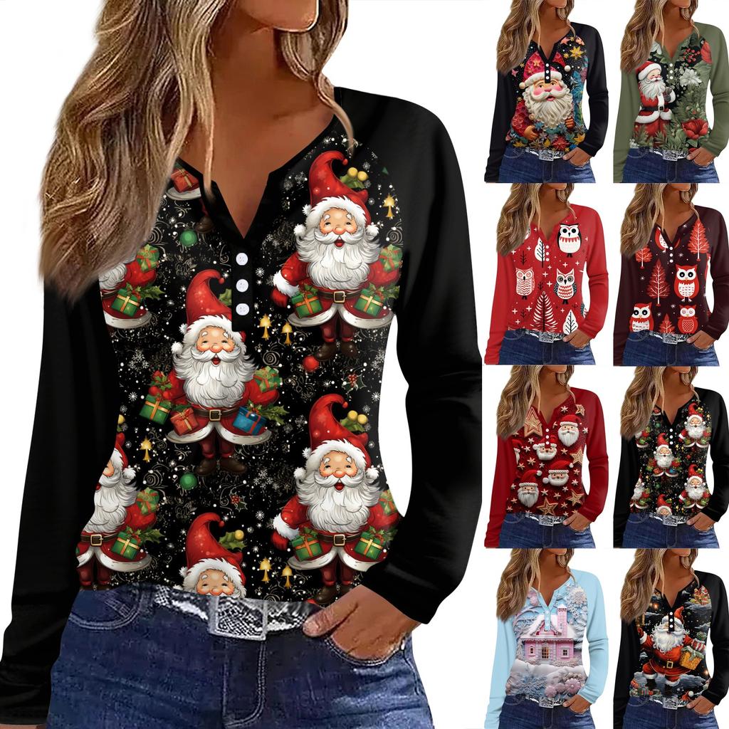 Women's Fashion Casual Christmas Print V-Neck Raglan Sleeves With Decorative Buttons Long Sleeved T-Shirt Top