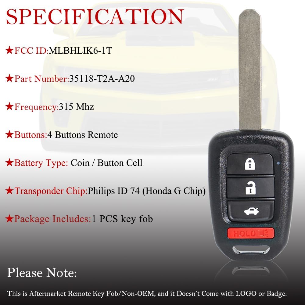 МеханическийМагический Брелок Замена Пульта ДУ Подходит для Honda Civic 2014 2015 / Accord 2013-2015 MLBHLIK6-1T Бесключевой Доступ Пульт Дистанционного Управления Необрезанный 4 Кнопки 315