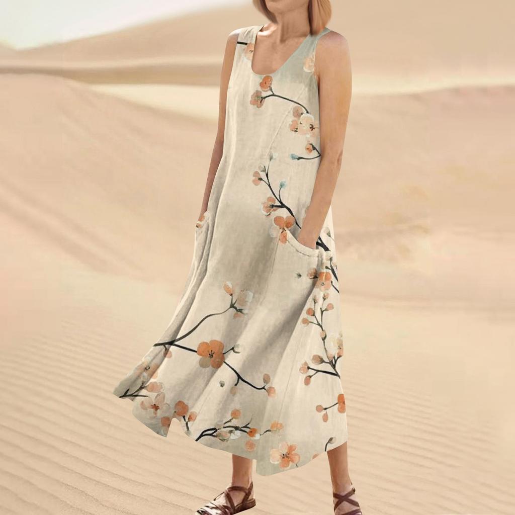 Женское летнее повседневное модное платье без рукавов с круглым вырезом и карманом с цветочным принтом