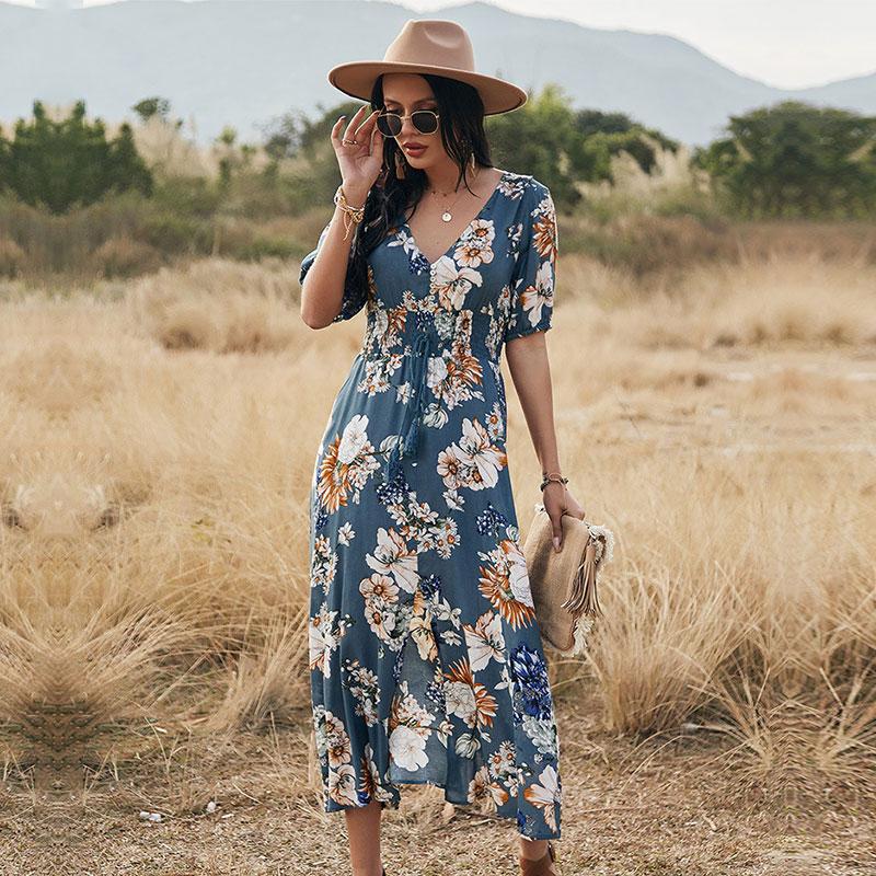 Весенне-летнее длинное платье с цветочным принтом, женское сексуальное бандажное платье с v-образным вырезом и коротким рукавом, черный, синий, желтый, SML XL