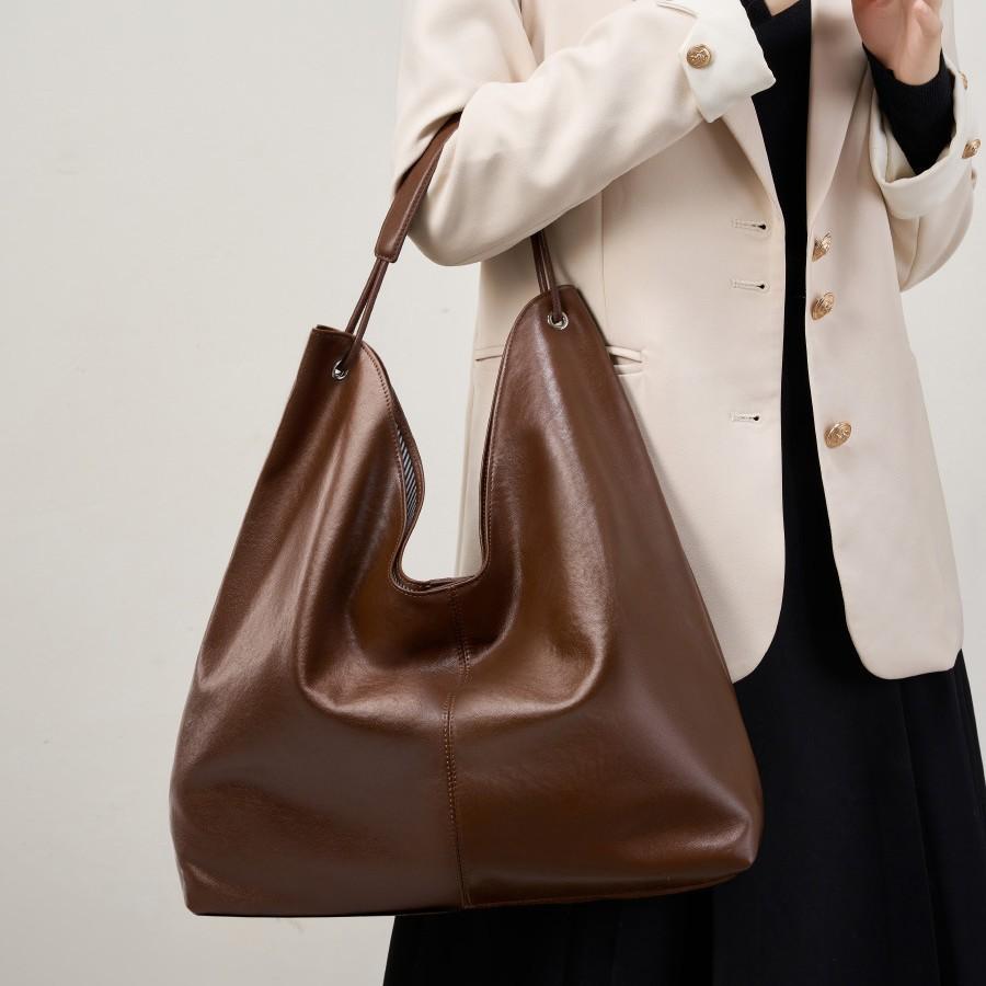 Vegetable Tanned Cowhide Popular Large-Capacity Textured Tote Bag Versatile Shoulder Class Underarm Commuter Bag
