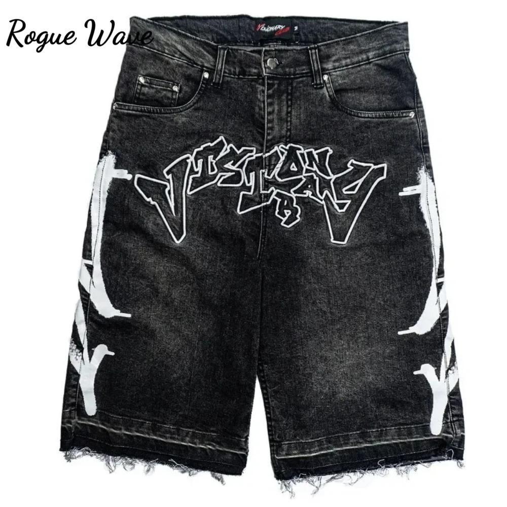 RogueWave Новые Джинсы с Буквами Харадзюку Черные Хип-хоп Винтажные Мешковатые Шорты Повседневные Джинсовые Шорты для Зала Уличная Одежда