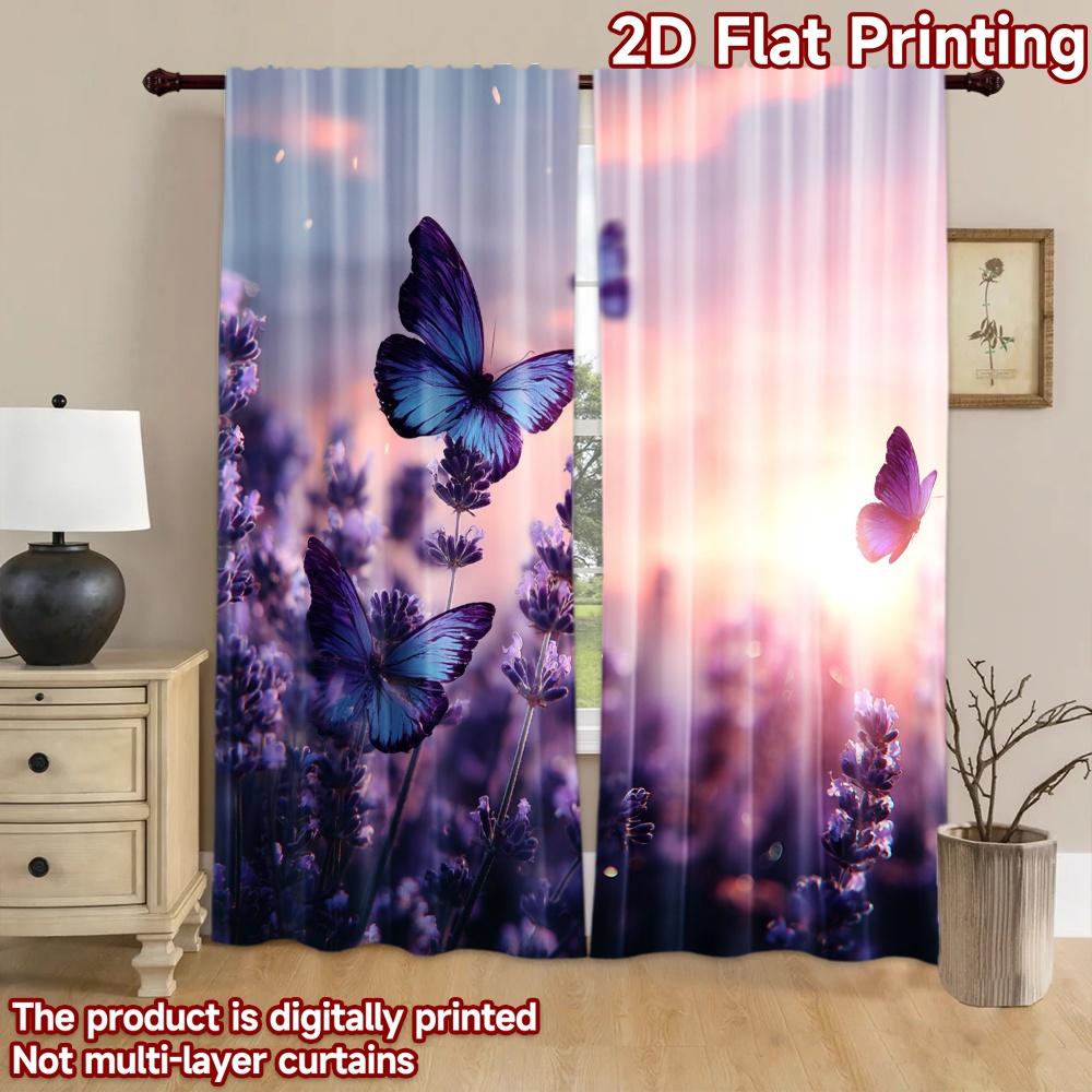 2D flat printing 2pcs Curtains Beautiful Butterflies Lavender Field Digital Printed Polyester Drapes Birthday Party for Indoor