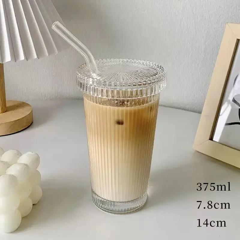 375 мл полосатая стеклянная кружка с крышкой и соломинкой в японском стиле шикарные кружки для молока кофе посуда для напитков чай подарки на день рождения виски стаканы