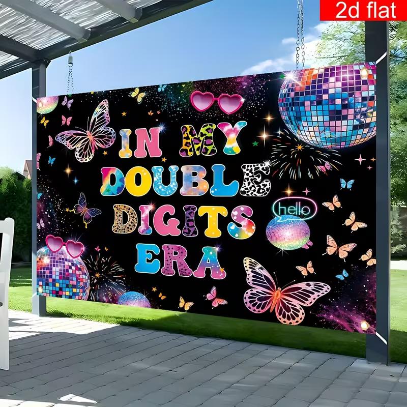 2D Disco Butterfly Happy 10th Birthday Backdrop, In My Double Digits Era Banner