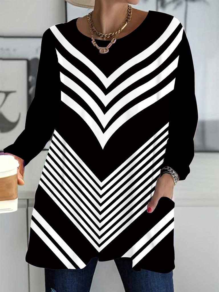 2025 Autumn Winter New Plus Size Women's Tops, Minimalist 3D Print Fashion Crew Neck Long Sleeve T-Shirts