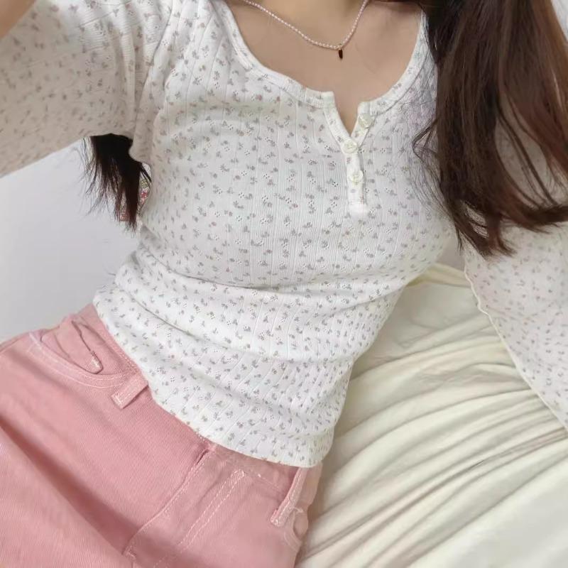 Чистое желание воротник-стойка мелкий цветочный на пуговицах плечо с длинным рукавом женский топ осенний облегающий и тонкий омолаживающий bm базовый