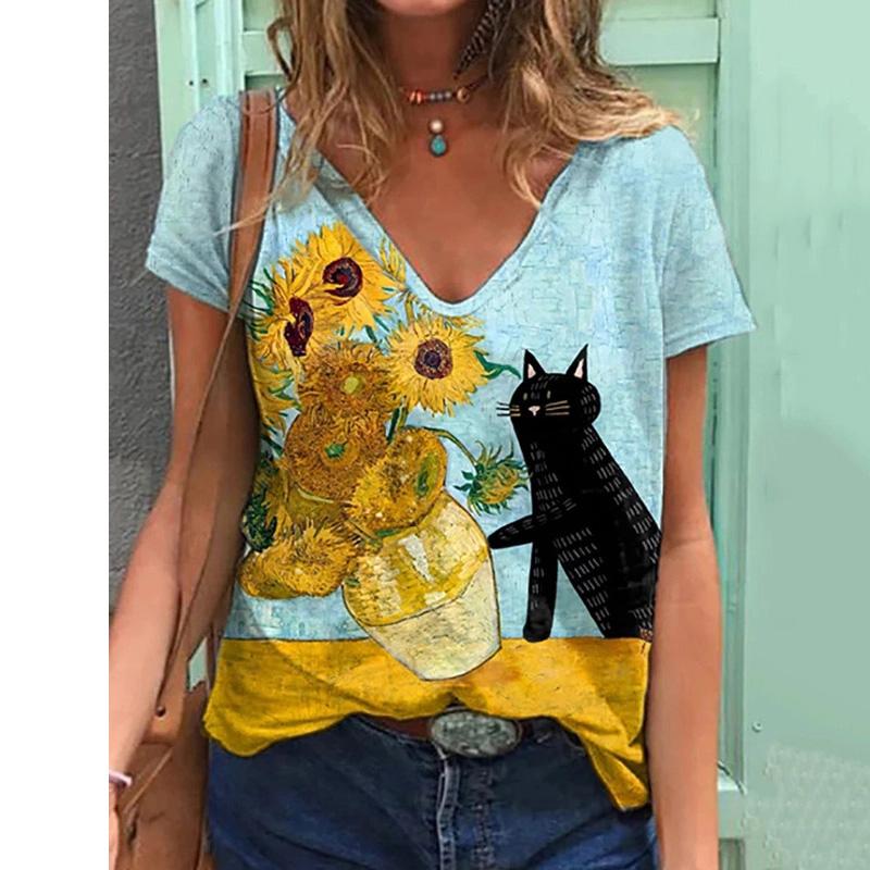 Summer Oil Painting 3D Print T-shirt Women Streetwear T Shirts Tops Woman Harajuku V-Neck Tees Oversized Clothing