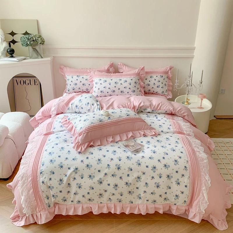 4Pcs Princess Bow Korean Duvet Cover With Ruffle Lace Luxury Bedding Set Bed Sheet For Girls Flower Bedspread Decor Home