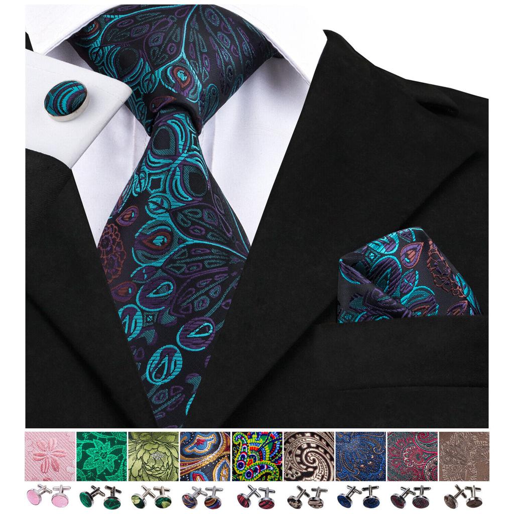 Barry.Wang Mens Novelty Plaid Striped Neckties Handkerchief Cufflinks Set Formal Casual Business
