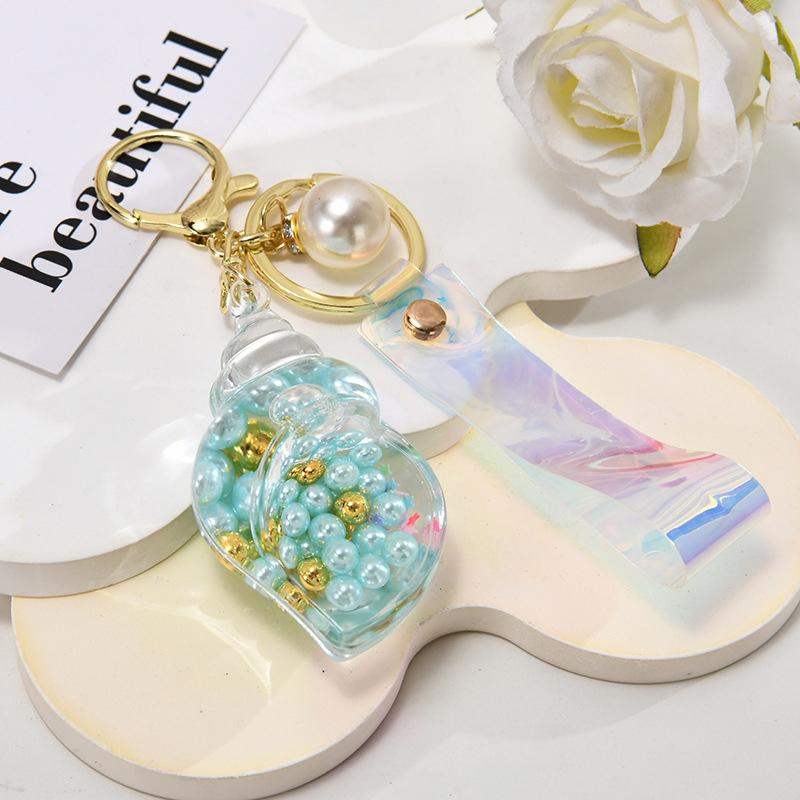 Брелок для ключей в виде бутылки с жидкостью в виде раковины, креативный, подвижный, с блестками, акриловый, женский, с подвеской на сумку, брелок для ключей, подарки