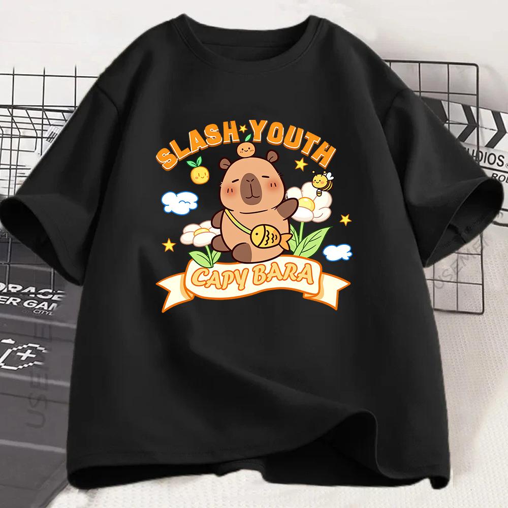 Cute Capybara Slash Youth Graphic Tshirt Kawaii Animal Print Tee Summer Short Sleeve Casual Fashion Top For Unisex Girls