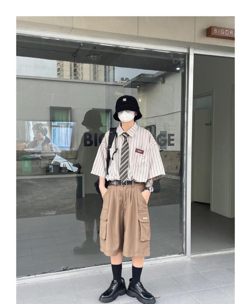 2023 Лето унисекс японский ретро полосатый лацкан короткий рукав модная рубашка