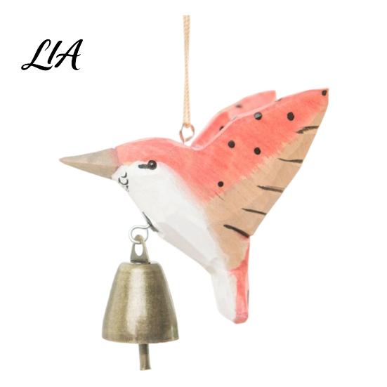 Indoor Window Hanging Decor Hand Carved Wooden Bird Wind Chime, Rustic Bell Symbolic Hummingbird Birthday Gift with Rope, Wood Pendant for Garden Home