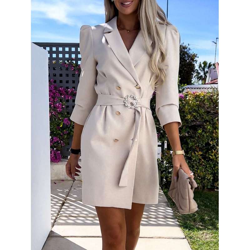 Tooxika Женский новый OL пригородный костюм воротник двубортный талия однотонный тонкий платье с поясом