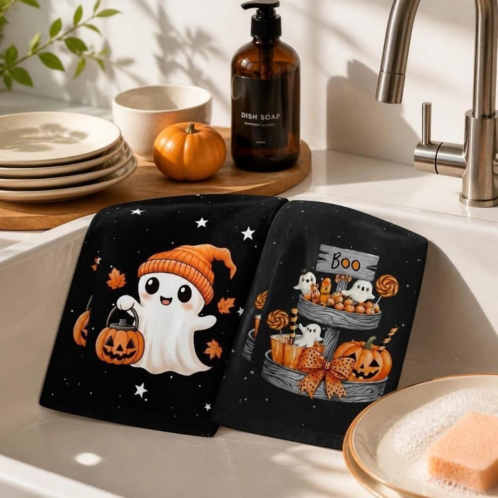 2 pcs Ghost Halloween Dish Towels Cat Hand Towel Halloween Decor Kitchen Towel New Home Gift