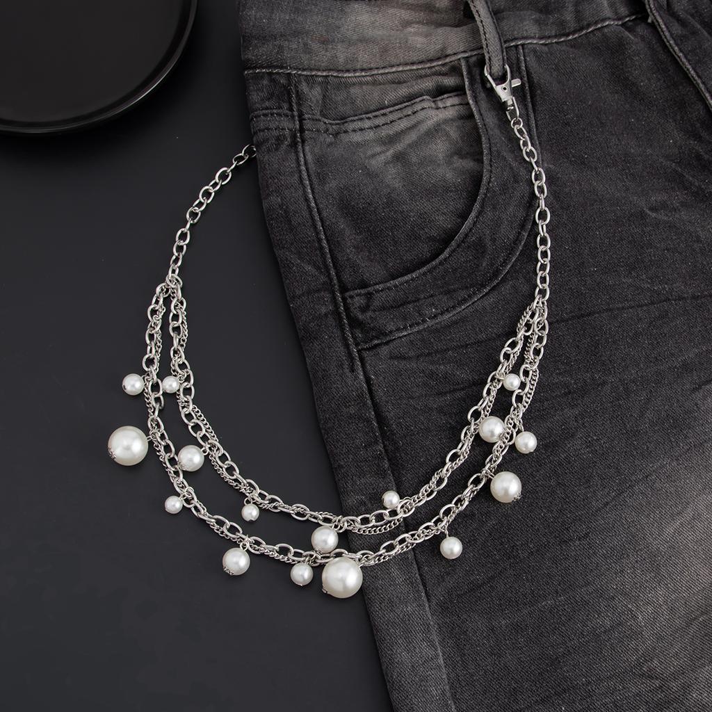 Salircon Punk Metal Imitation Pearl Pants Chain Men 2026 Trendy Silver Color Handmade Bead Jeans Waist Chain Jewelry Accessories