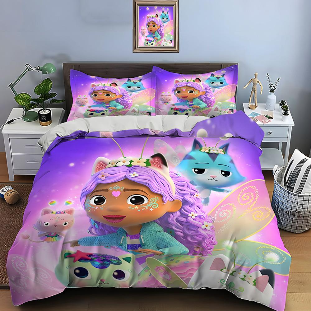3pcs Multiple Sizes Cute G-Gabbys Cartoon Print Bedding Set 1 Duvet Cover 2 Pillowcases Adult and Kids Bedding Set Luxury Gifts
