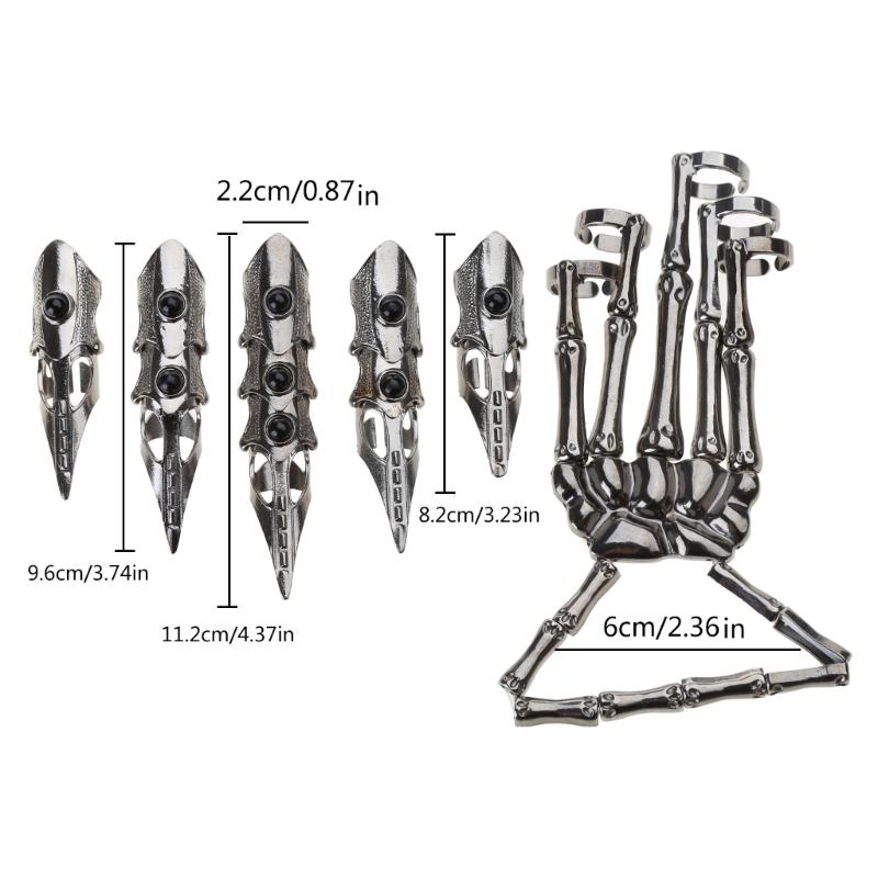 Готический панк перчатка в виде скелета руки, регулируемый металлический коготь на палец, кольца на весь палец в виде скелета для Хэллоуина, косплея и вечеринки