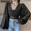 Spring Black White Lace Blouses Women Elegant V-Neck Long Puff Sleeve Open Back Short Tops Female Party Slim Shirts
