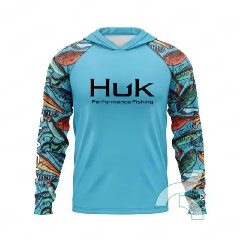 HUK Long Sleeve Hooded Fishing Shirt UPF 50 Lightweight Sun Protection Anglers