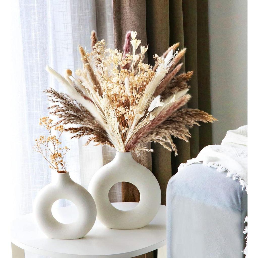 White Ceramic Donut Vase Set (6 & 8 Inches, Pack of 2) – Round Shaped Flower Vase for Pampas Grass, Home Decor Centrepiece