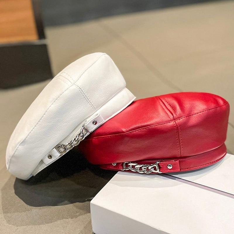 Chain Leather Berets Hat Female Autumn Winter Vintage Octagonal Casual Elegant Party Outdoor Painter Hat for Women
