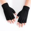 Black Short Half Finger Fingerless Knit Gloves Solid Color Half Finger Knitted Mitten Autumn Winter Outdoor Motor Driving Gloves