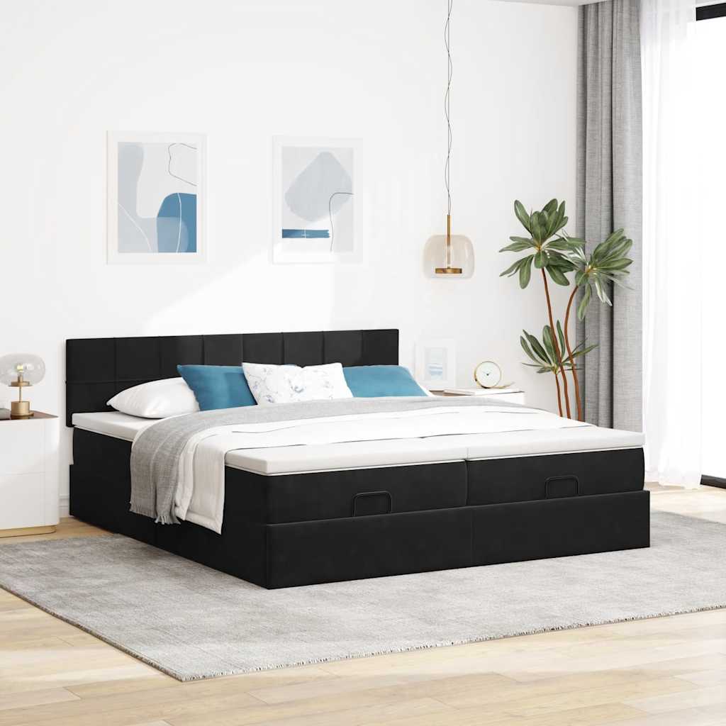 Enjoy restful nights with this Ottoman bed with mattresses and LED lighting black 180*200 cm velvet