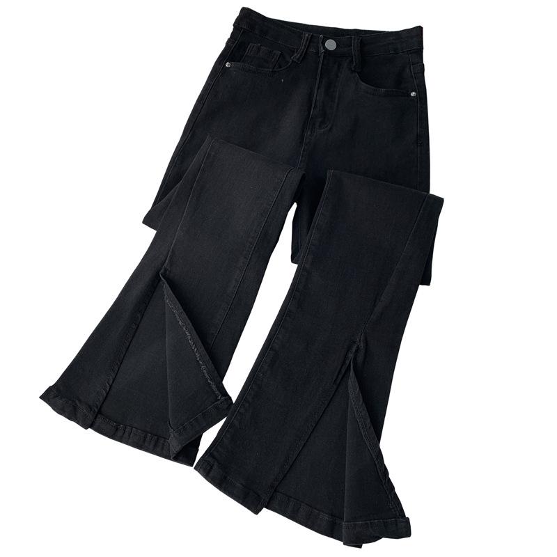 2022 Women's Black Elastic High-Waist Slim Flared Slit Wide-Leg Jeans