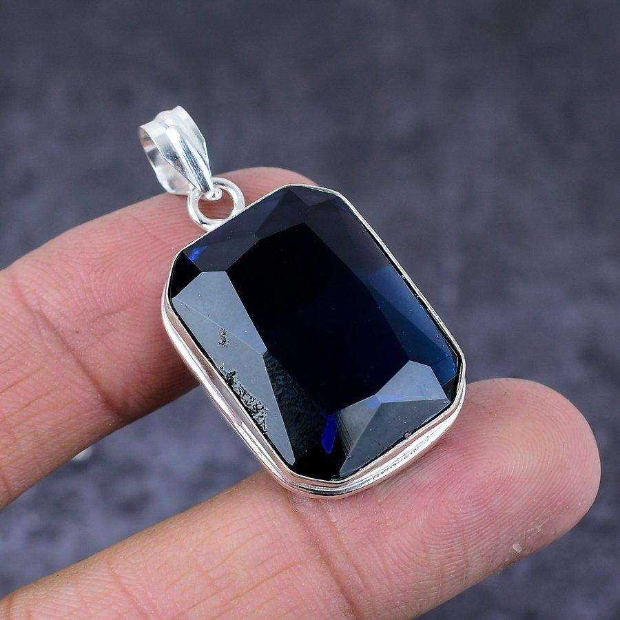 London Blue Topaz Gemstone Handmade 925 Sterling Silver Pendant 1.58" H0i31