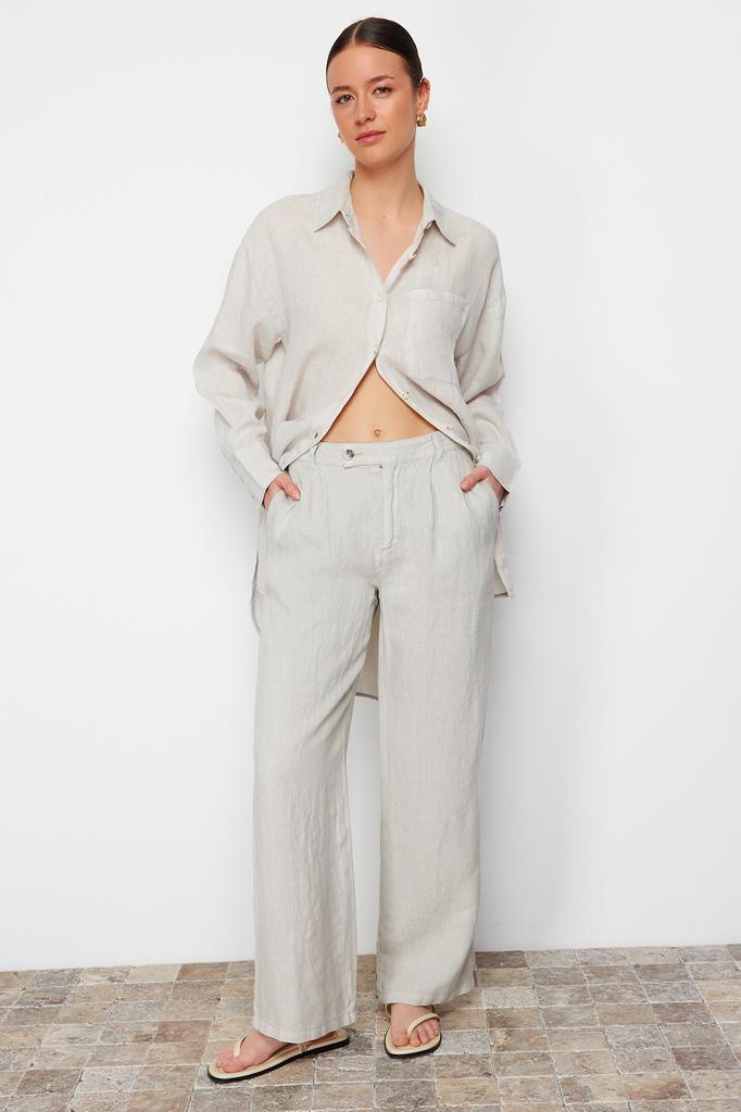 Women's Fashion New Jeans Gray 100% Linen Pleated High Waist Wide Leg Pants