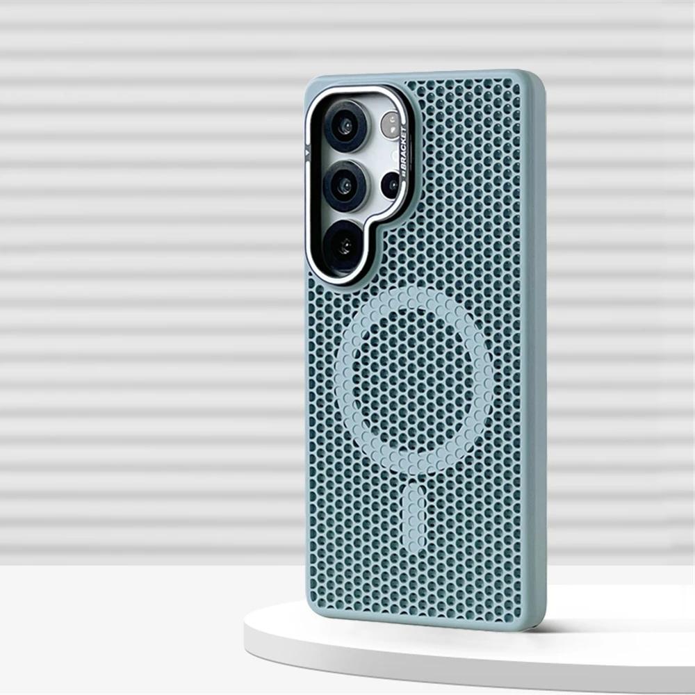 Магнитный бампер с сотовой сеткой для охлаждения для Samsung Galaxy S2 Ultra S24 S23 Plus, кронштейн для объектива из сплава, крышка для беспроводной зарядки