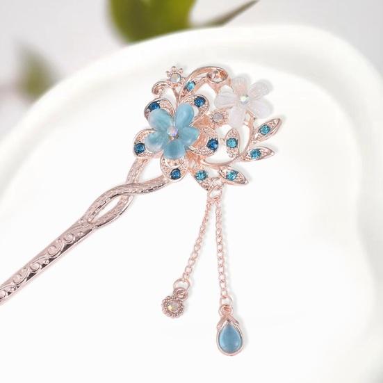 Women Hair Stick Chinese Style Vintage Colorful Rhinestone Flower Decor Tassel Hollow Out Exquisite Stainless Alloy Lightweight Hair Fork Hanfu