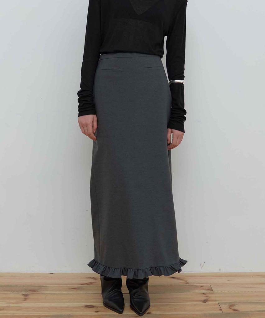Majone Wool Frill Long Skirt_Charcoal