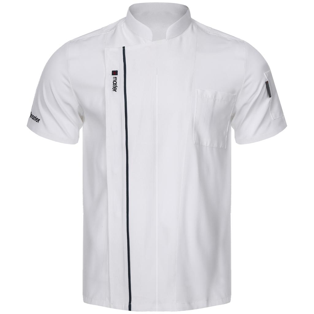 Unisex Lightweight Chef Jacket Stand Collar Short Sleeve Letter Embroidery Contrast Trim Kitchen Uniform Top