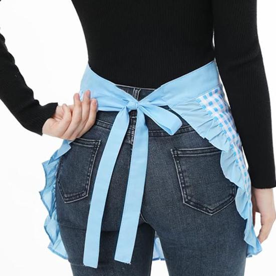 Кухонный фартук Yousheng с двойными карманами, отделанный оборками полуфартук с регулируемыми завязками, фартук для кондитерской промышленности в западном стиле