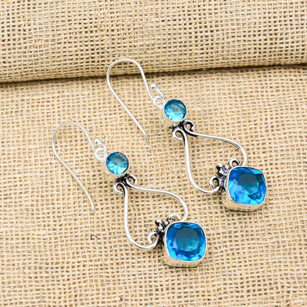Blue Topaz Earrings, 925 Solid Sterling Silver Gemstone Jewelry, Handmade Earrings, For Thanksgiving