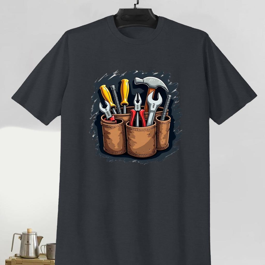 Men's Casual Short Sleeve T-Shirt with Tool Belt Tools Graphic Print Summer Tee Vibrant Blue Regular Fit Machine Washable