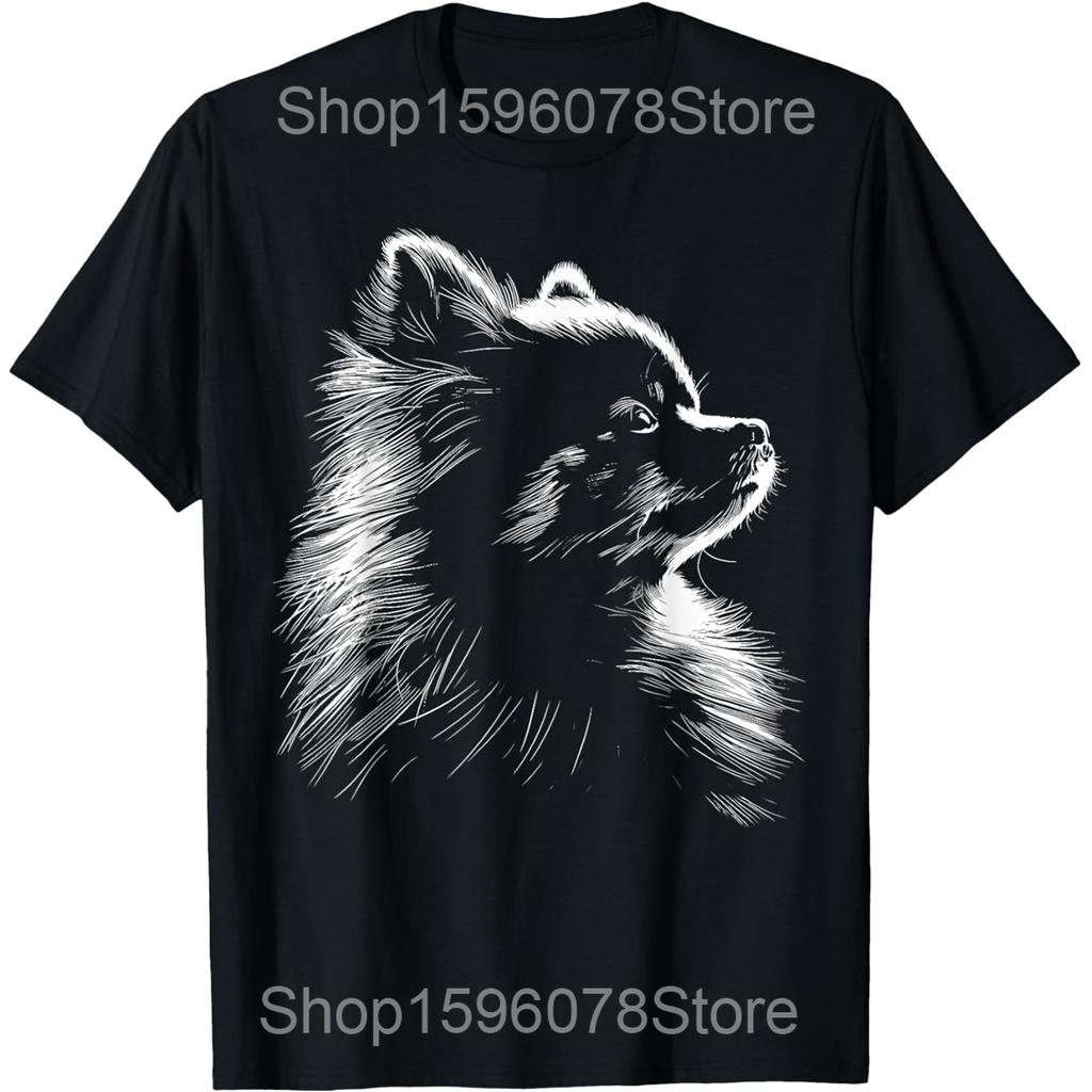 Черный померанский шпиц Собака Пом Лицо Футболки Мужские Женские Чистый Хлопок Юмор Уличная Одежда Футболка Короткий Рукав Унисекс Свободная Одежда