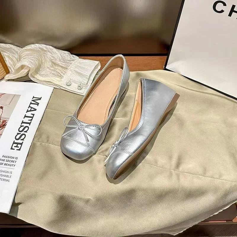 Fashion 2025 New Gold Silver Elegant Bowknot Round Toe Women's Flat Comfort Slip-On Ladies Ballerina Single Mules Shoes Zapatos Mujer